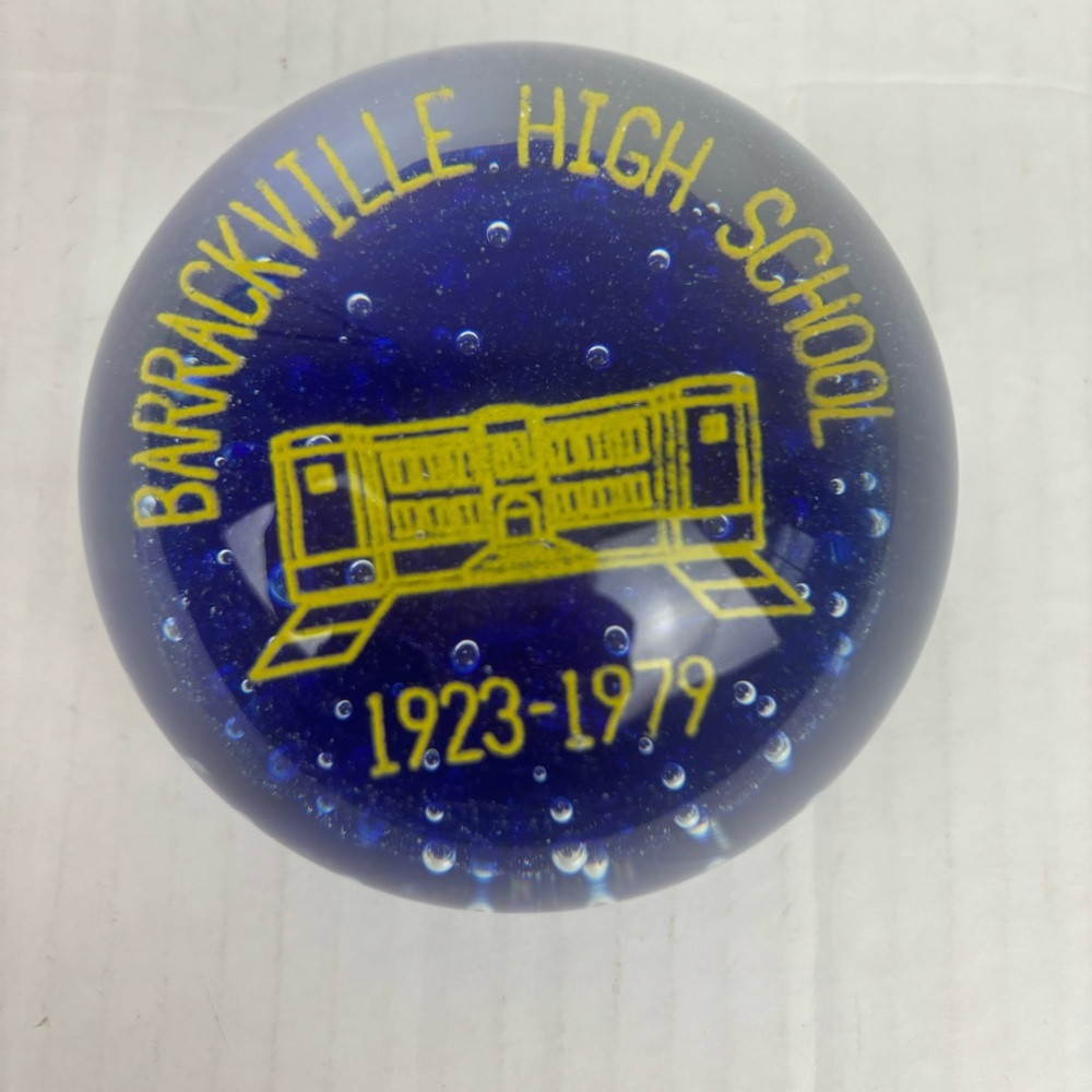 Art Glass-paperweight-blue with bubbles/Barracksville WV HS/79